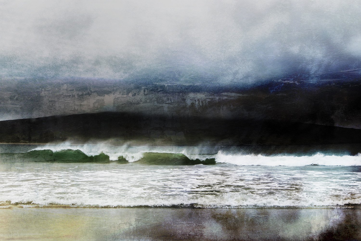 Stormy ocean waves crashing onto a beach with dark clouds overhead.