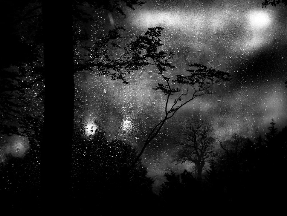 Dark rain-covered window with trees silhouetted against a cloudy sky at night.