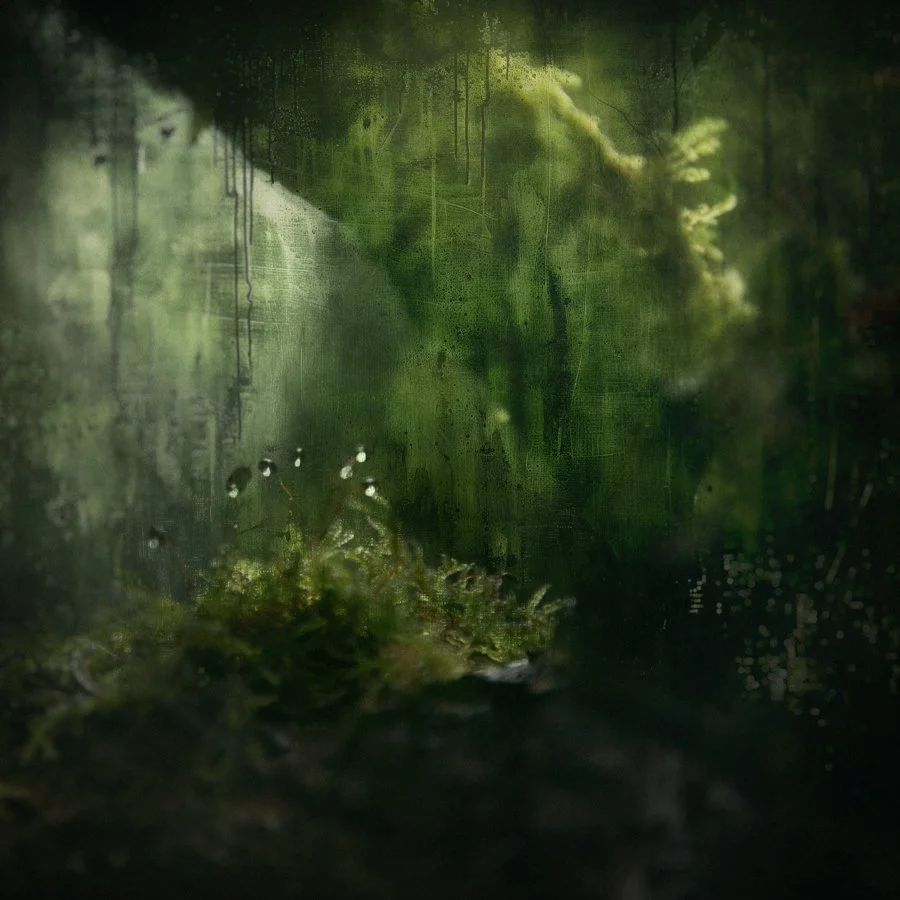 A foggy green forest viewed through a rain-covered window with water droplets.