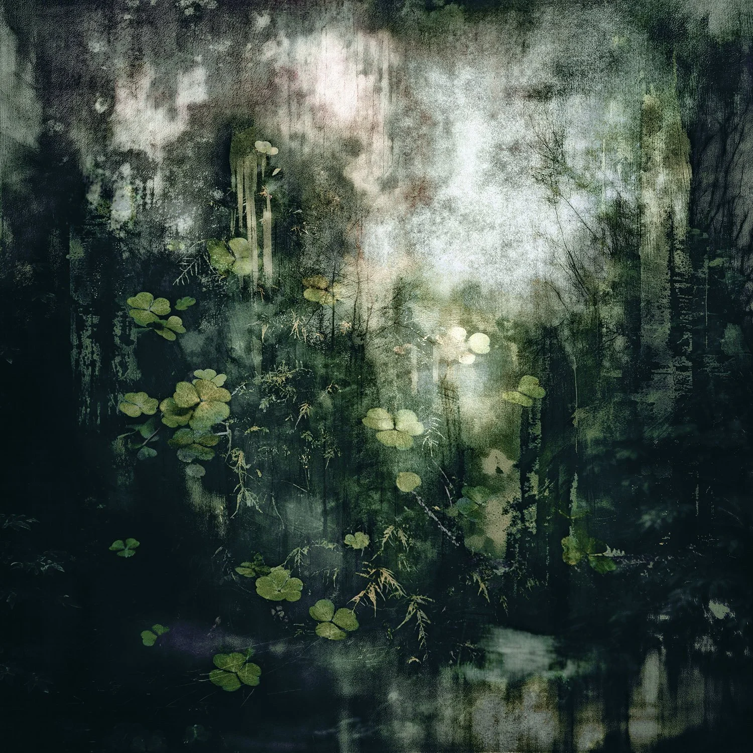 Abstract image of a misty, greenish forest scene with lily pads, water, trees, and a hazy atmosphere.