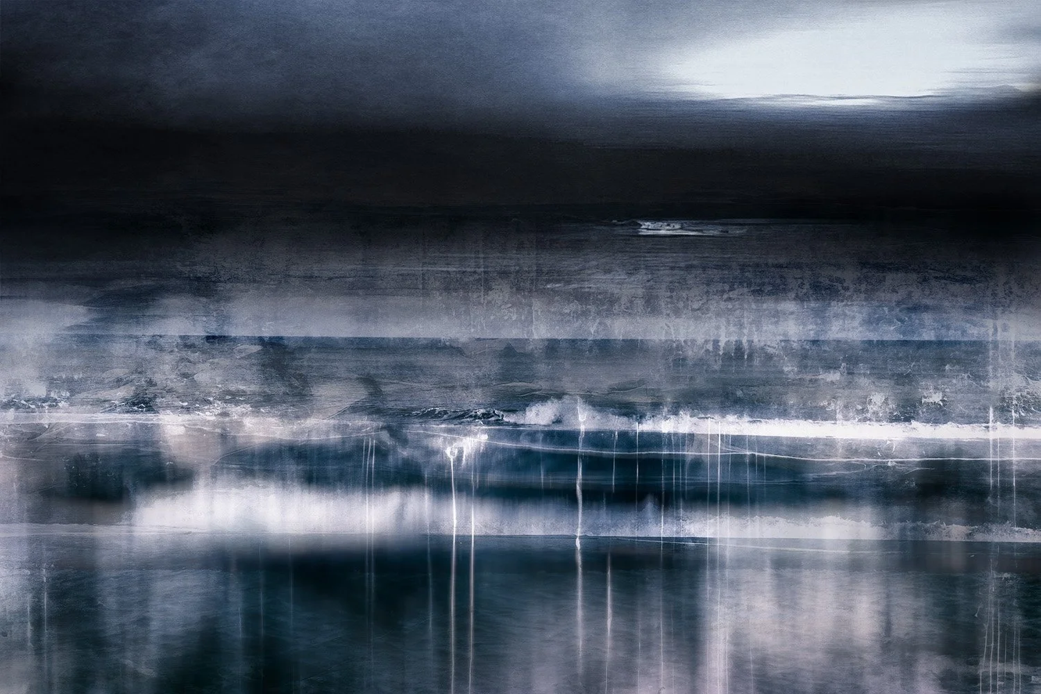 Abstract digital art depicting a stormy sea or ocean with dark clouds overhead and waves crashing against each other in shades of blue, gray, and black.