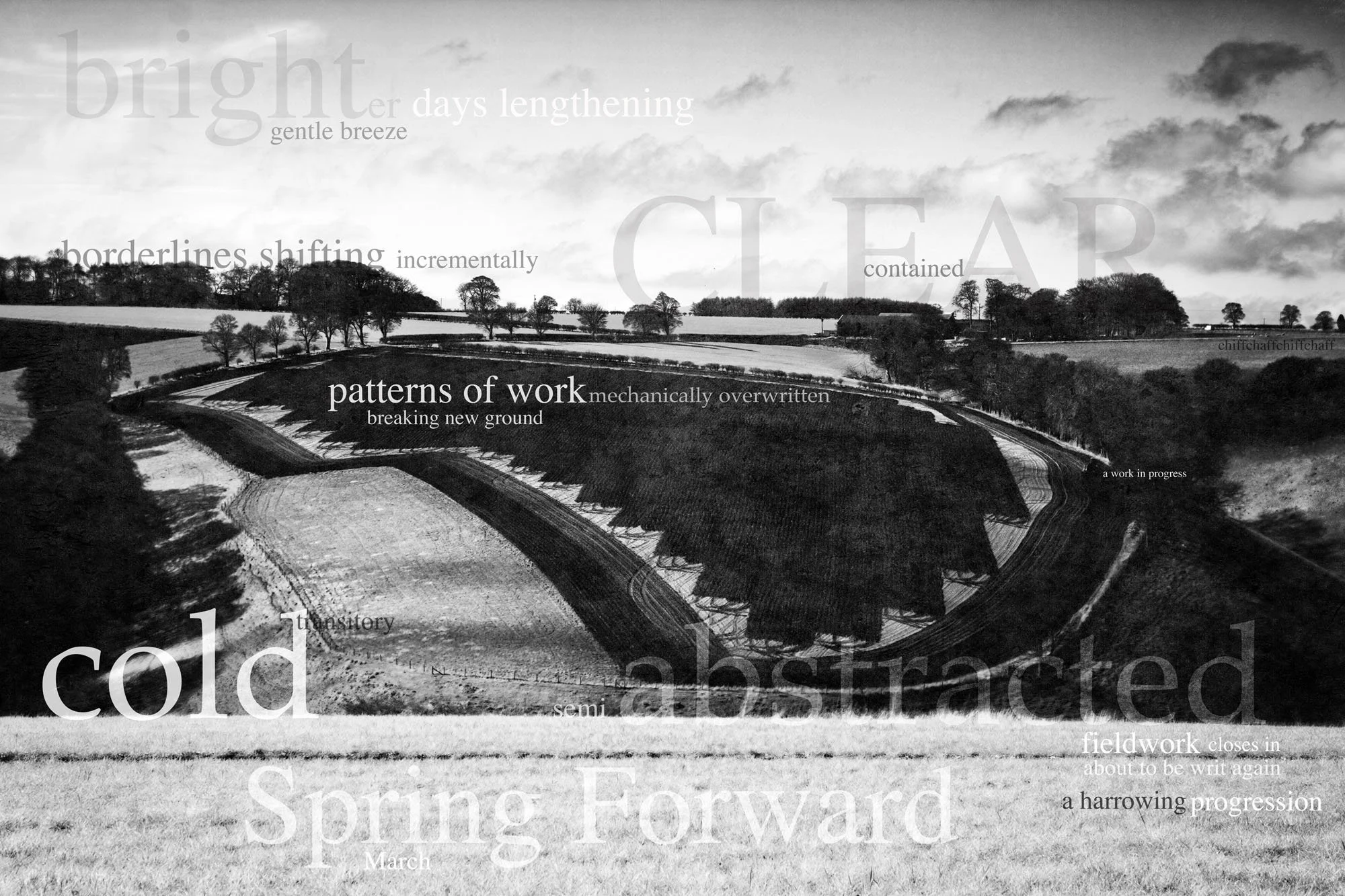 Black and white landscape photo of a countryside with fields, trees, and hills, overlaid with words related to seasons and growth, such as 'bright', 'spring forward', 'cold', 'spring', 'days lengthening', and 'patterns of work'.