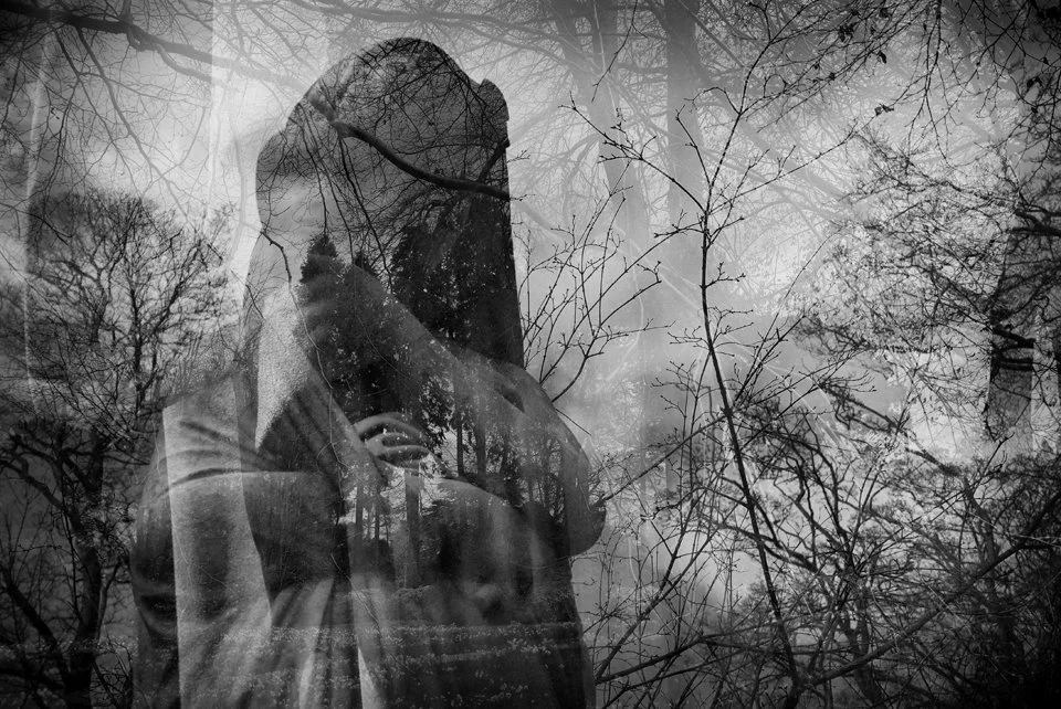 A double exposure photo showing a woman with long hair and crossed arms, with a forest of bare trees overlaying her silhouette.