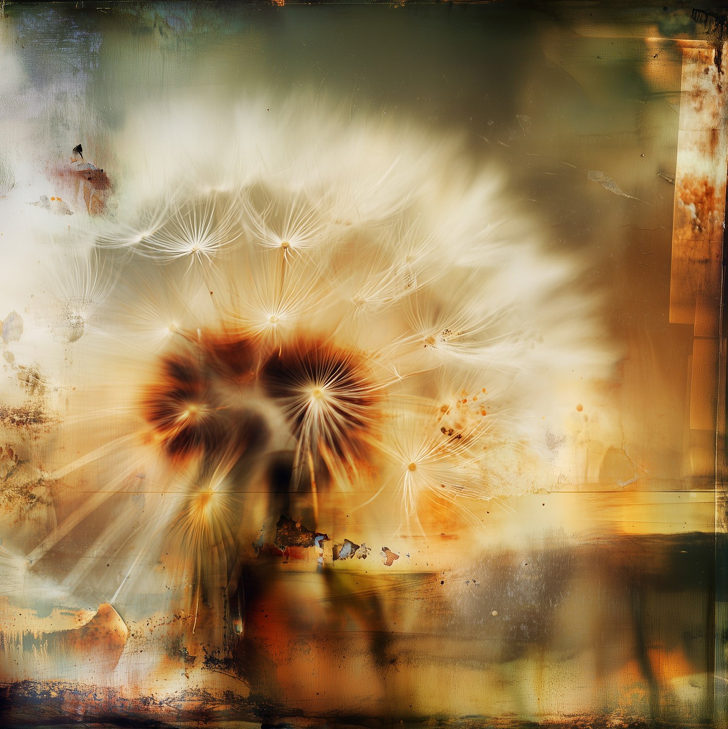 Abstract image of dandelion seeds with a warm golden-brown background and textured overlay.