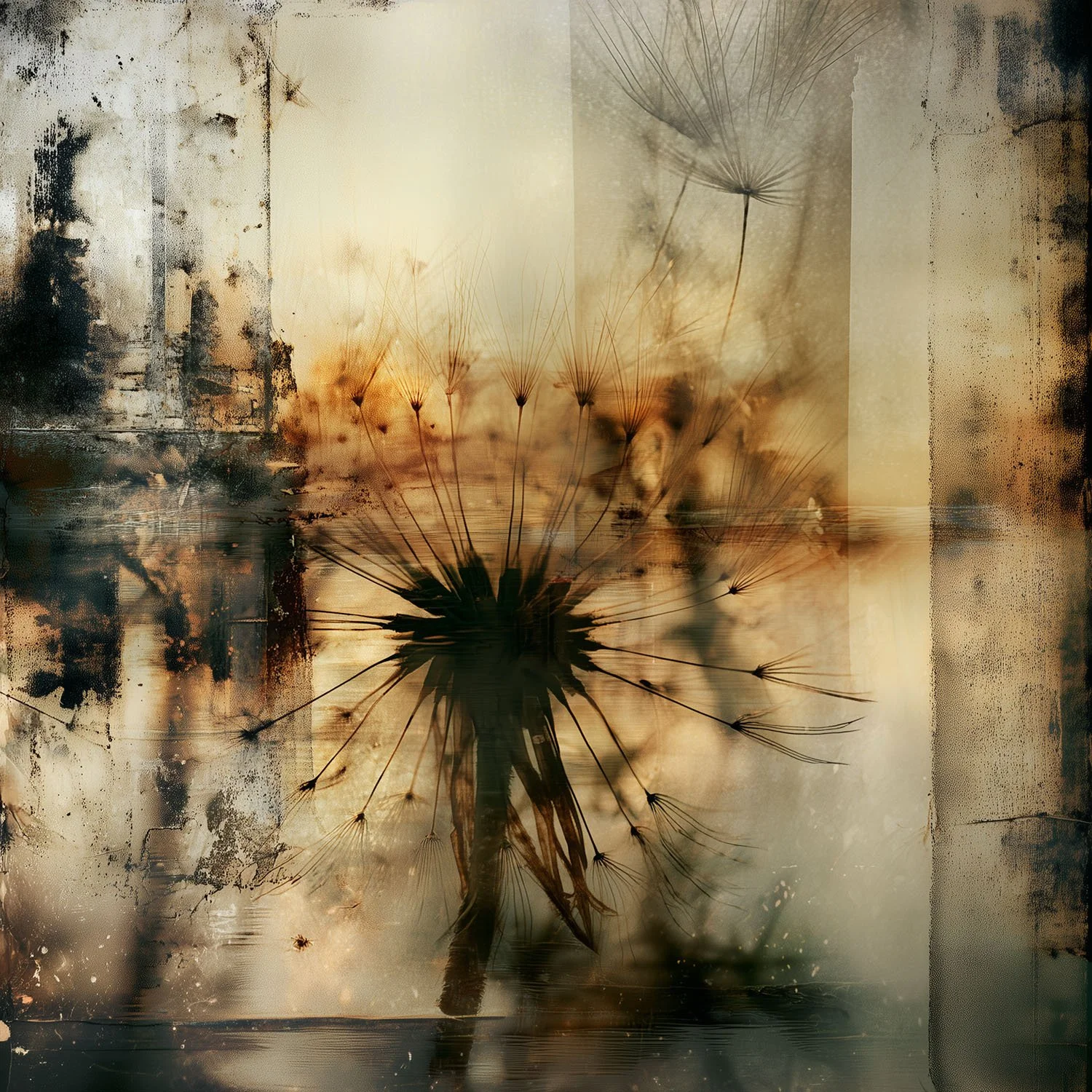 A silhouette of a dandelion flower with a blurred background, including warm tones and abstract textures.