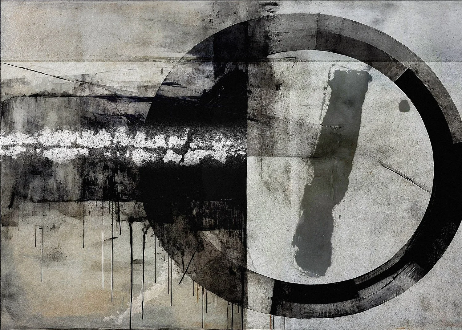 Abstract painting with black and gray watercolor-like blending, lines, drips, and geometric shapes on a textured background.