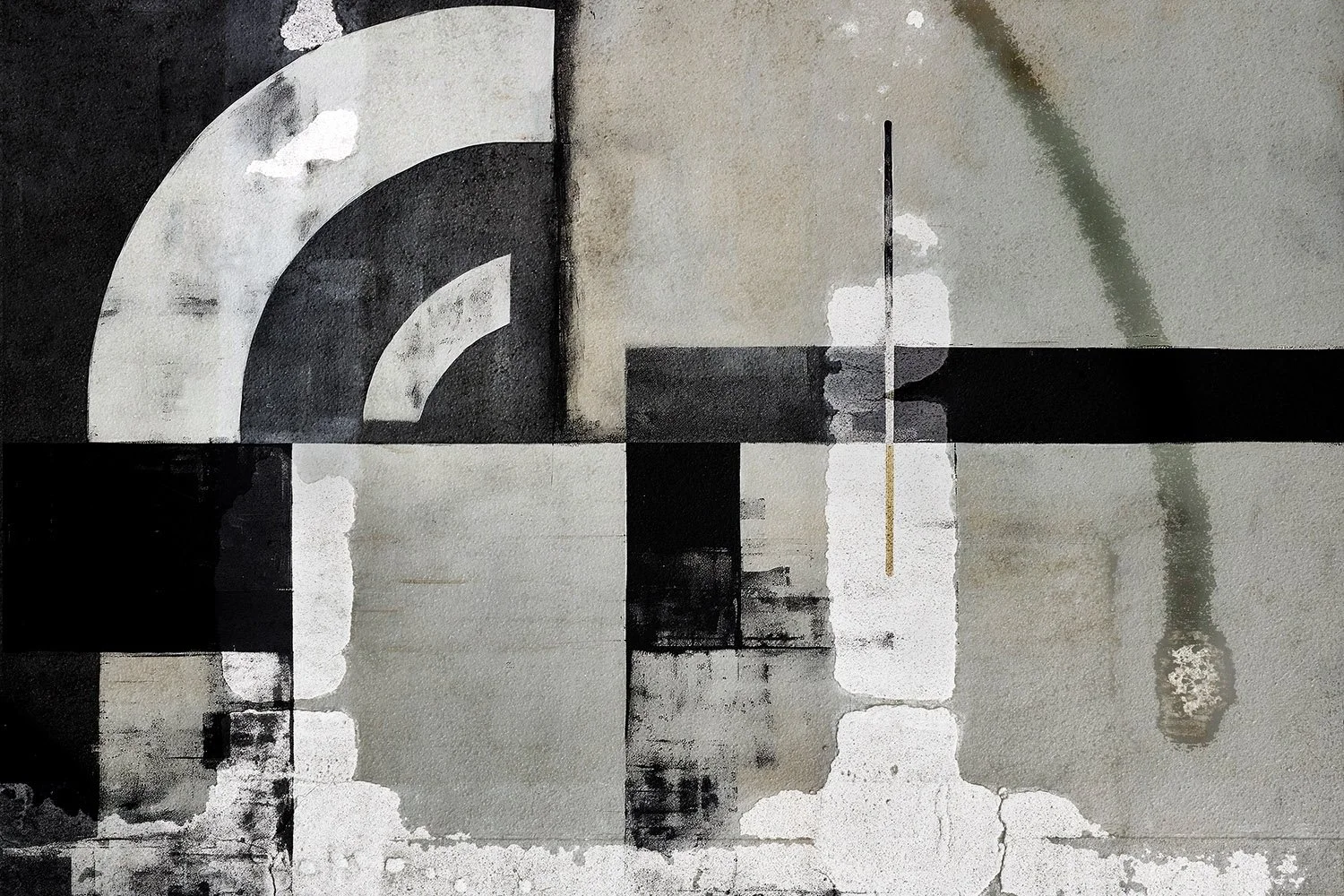 Abstract mural with geometric shapes and muted colors, featuring black, white, and gray tones with a hint of green, and a vertical line with an oval shape near the top.
