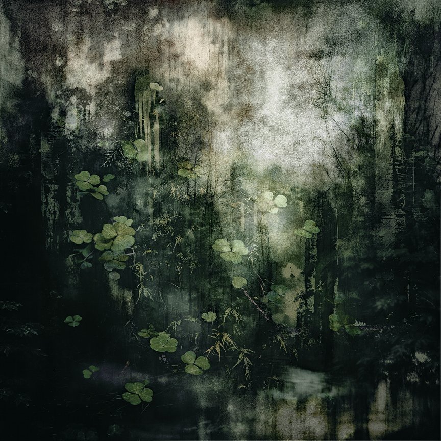 Dark, textured background resembling a weathered wall or canvas with painted or printed green foliage and water lily leaves in varying shades of green.
