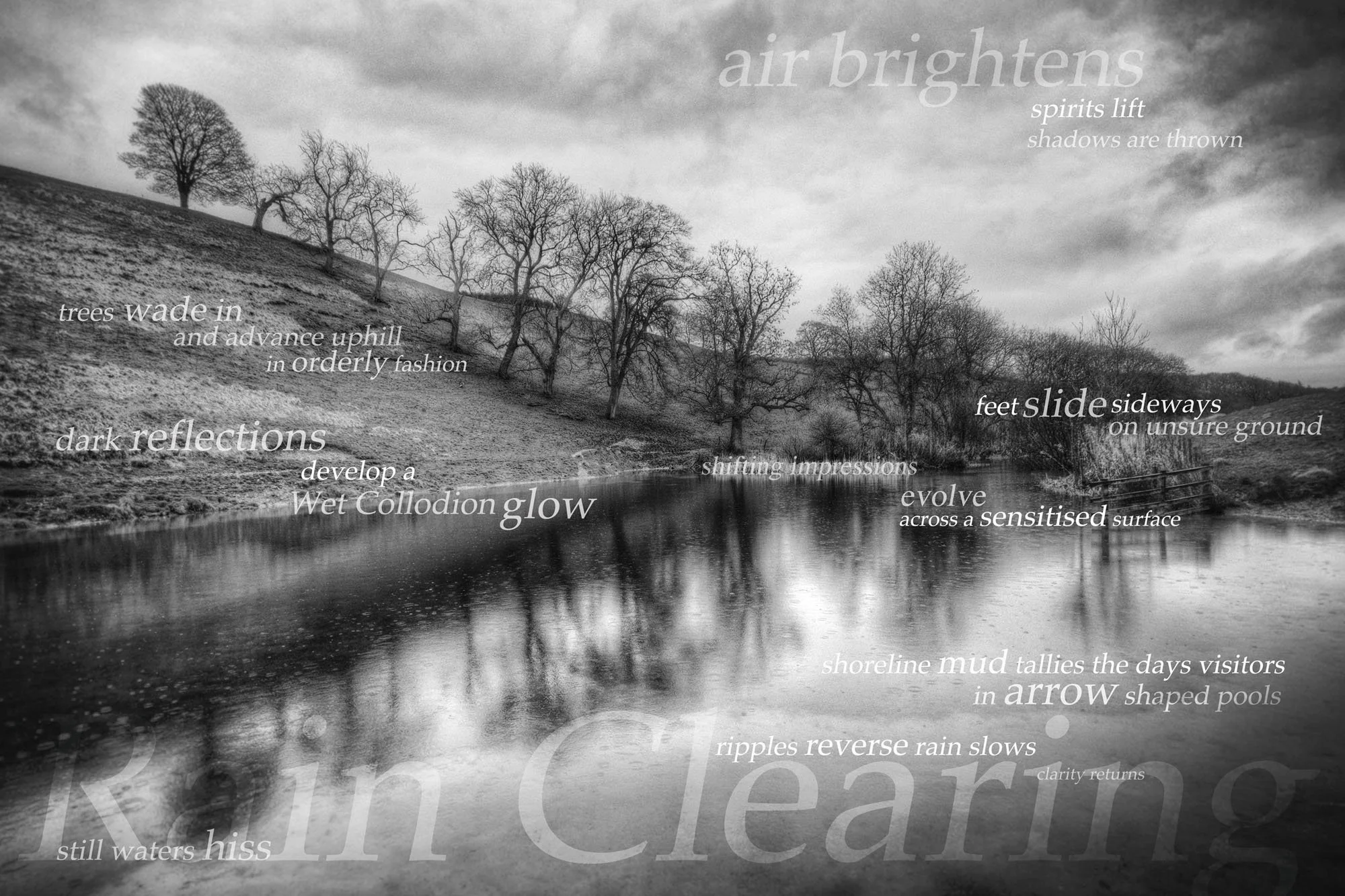 Black and white photograph of a landscape with a calm river in the foreground, leafless trees on a hillside, and a cloudy sky. Overlaid text describes natural elements and moods such as "air brightens," "trees wade in," "dark reflections," and "rippl