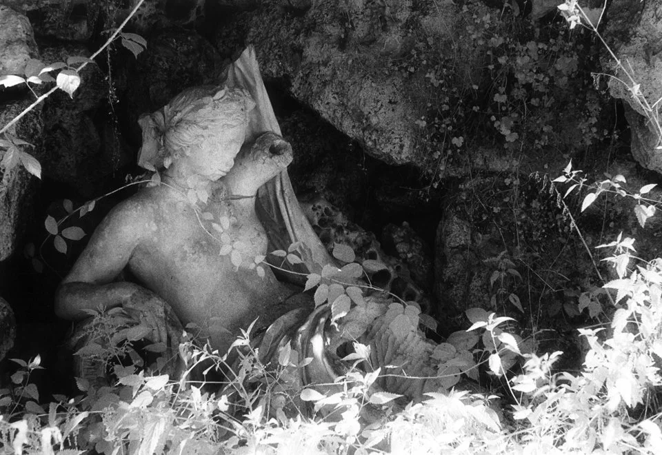 Black and white photo of a sculpture of a reclining woman, partially obscured by overgrown plants and framed by rocks and foliage.