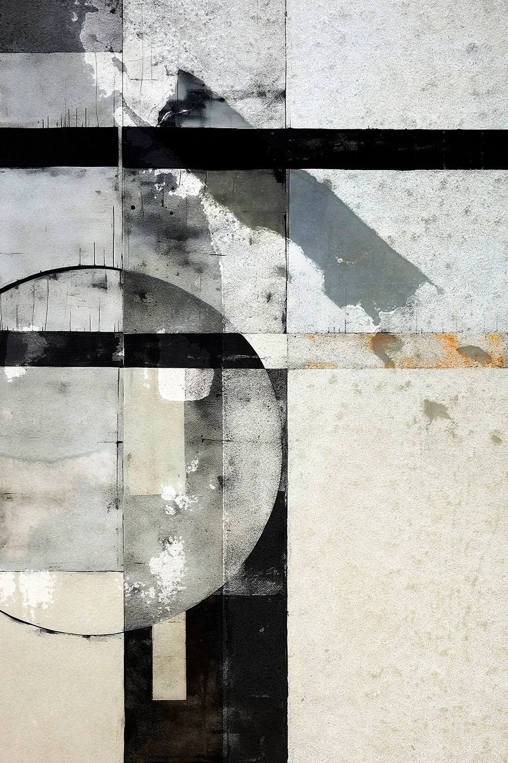 Abstract wall art with geometric shapes, black and grey paint splatters, and textured concrete panels.
