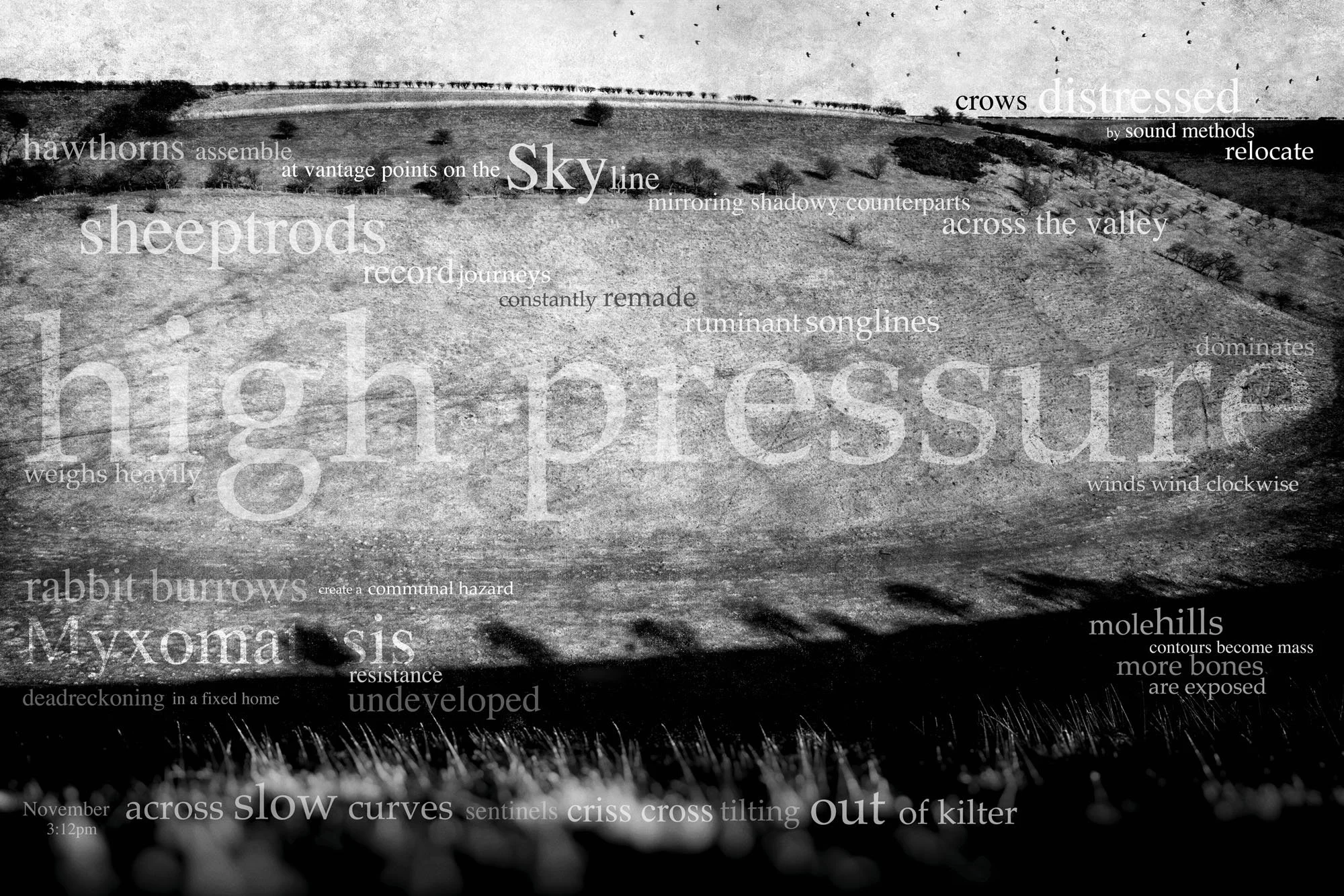 A black and white landscape photograph with words overlaid, describing natural elements and phenomena such as hawthorns, sheeptords, rabbits burrows, and the sky, along with weather, sounds, and landscape features.