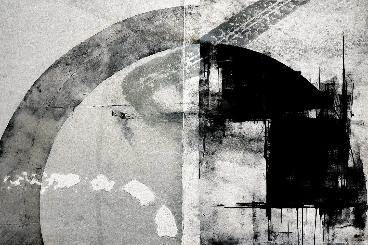 Black and white abstract artwork with geometric shapes, paint splashes, and smudges, featuring concentric circles and textured patterns.
