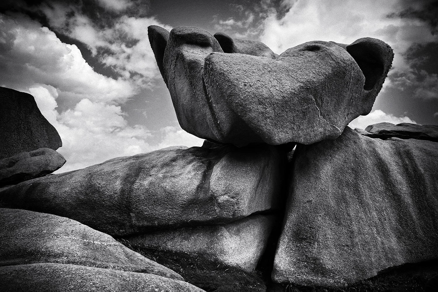 Black and white photograph of large, sculpted rock formations resembling an animal's face, with cloudy sky in the background.