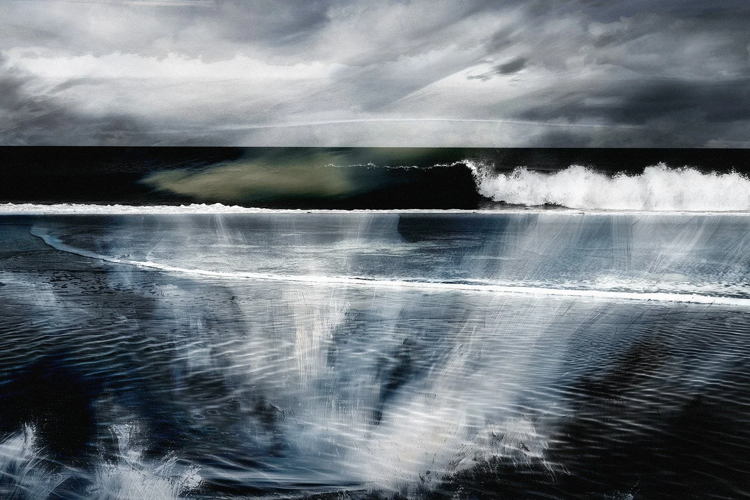 Stormy ocean with large waves, dark clouds overhead, and reflections on the water's surface.