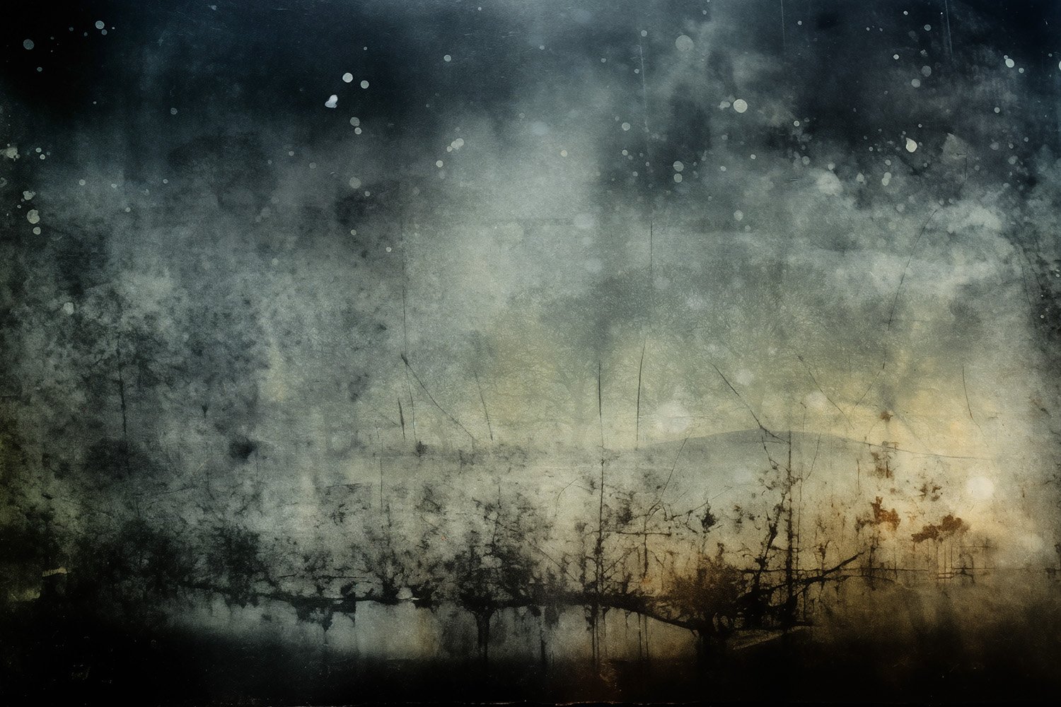 A dark, moody landscape with a silhouette of broken, leafless trees against a cloudy sky with faint stars, creating a somber and mysterious atmosphere.