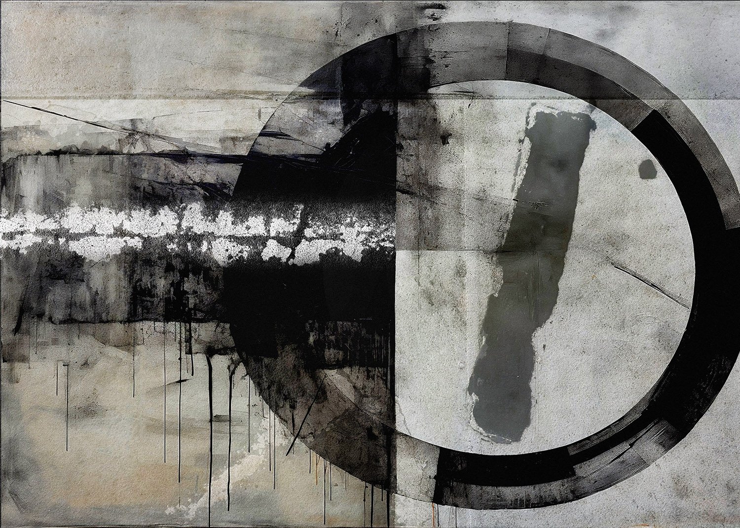 A large abstract painting with black, gray, and white tones. Features a prominent black semi-circle and various textured brushstrokes and splatters.
