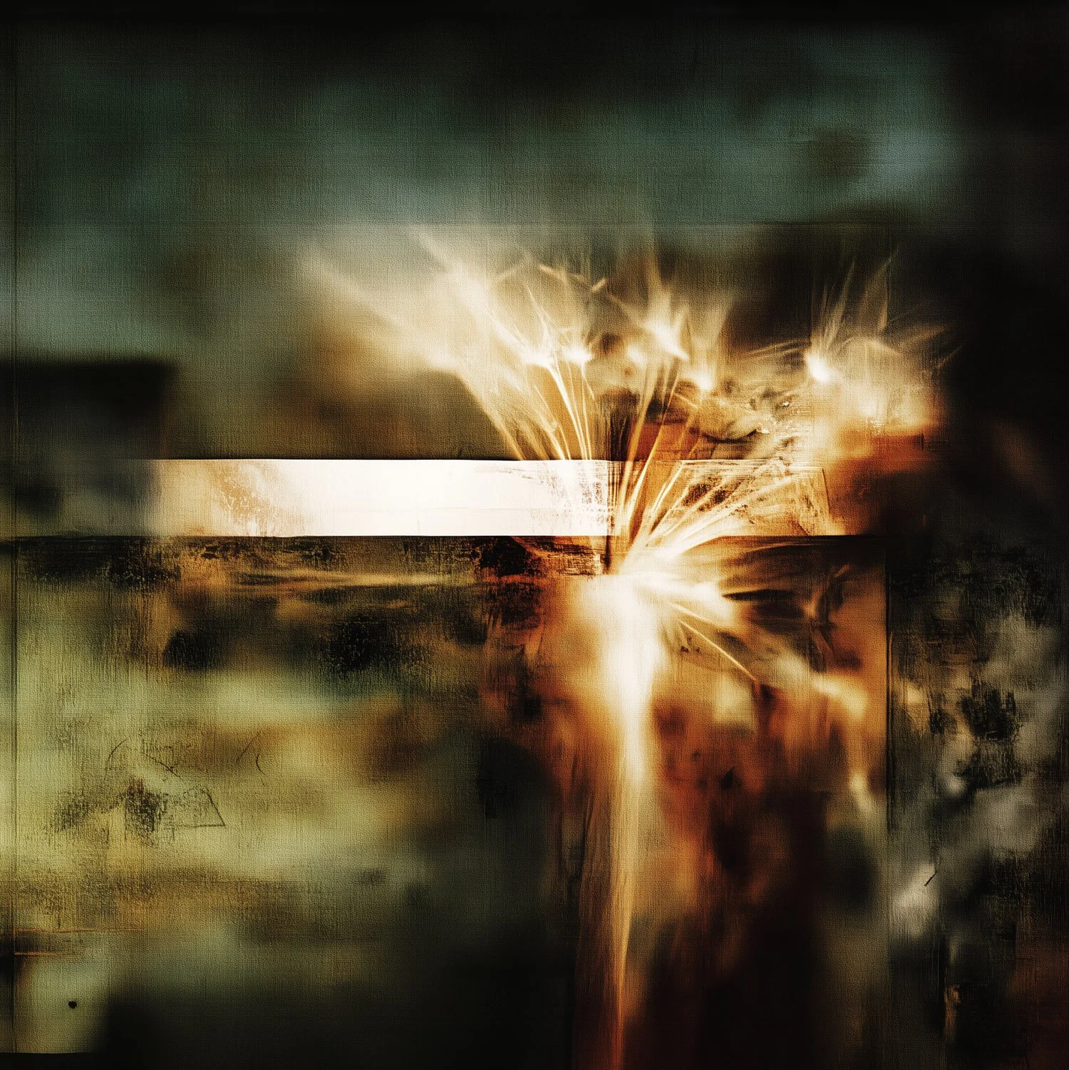 An abstract digital artwork featuring a burst of bright light, fiery orange and yellow sparks, and smoke-like textures against a dark, blurred background.