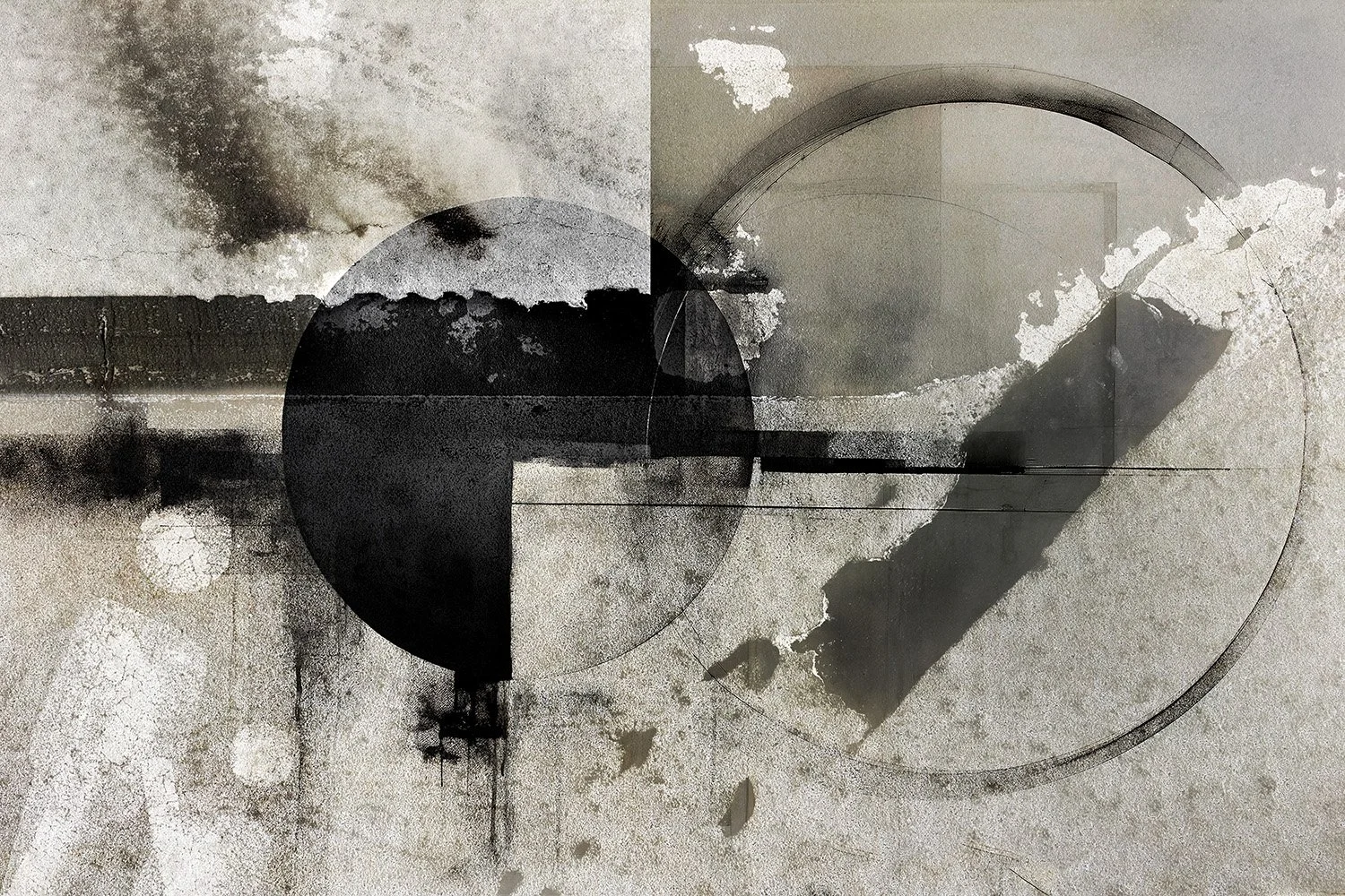 Abstract black, white, and gray geometric artwork with circles, rectangles, and textured splashes.