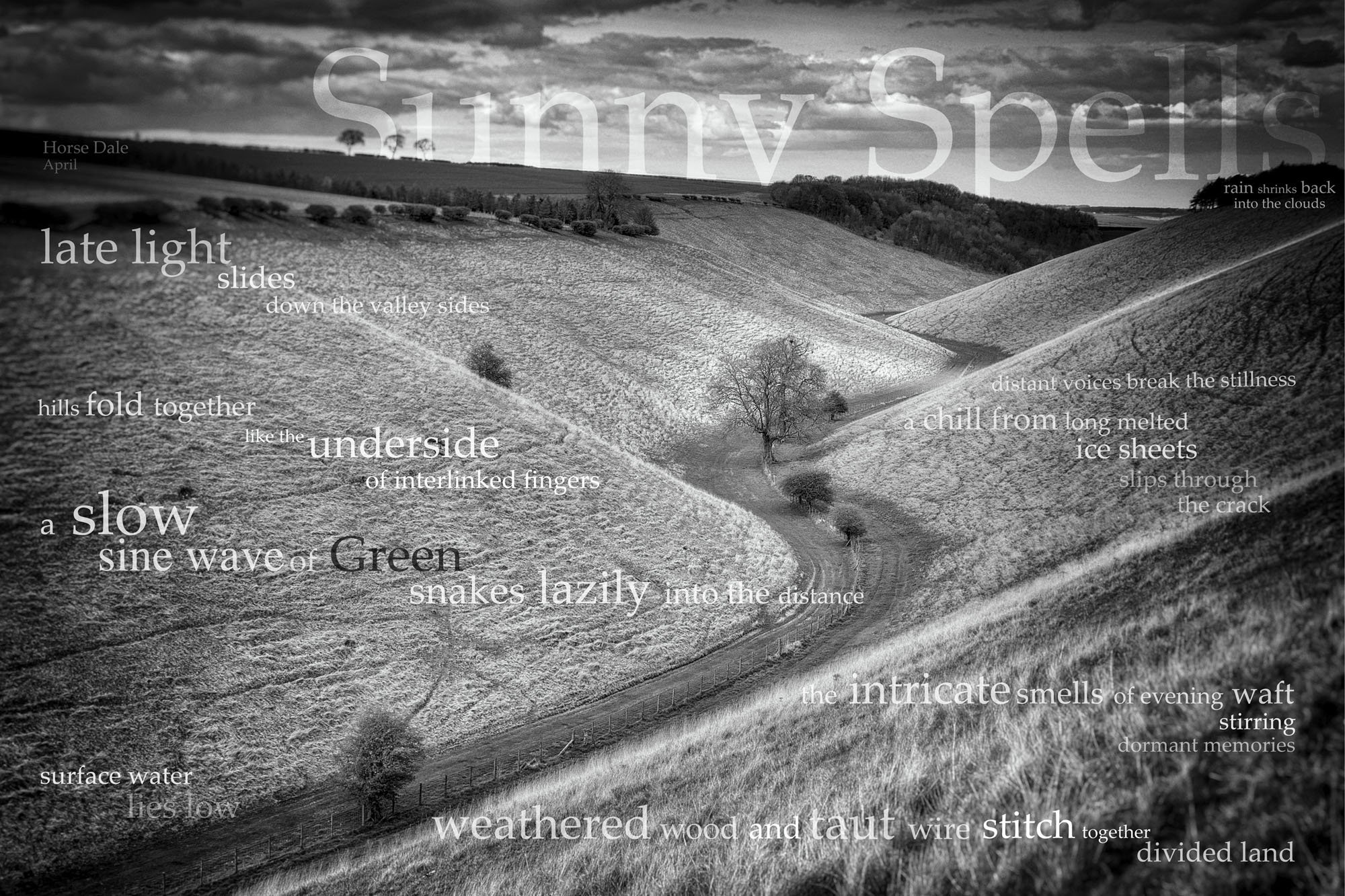 Black and white photograph of a landscape with rolling hills, trees, and cloudy sky. Overlaid with a poetic text describing the scene and sensations.