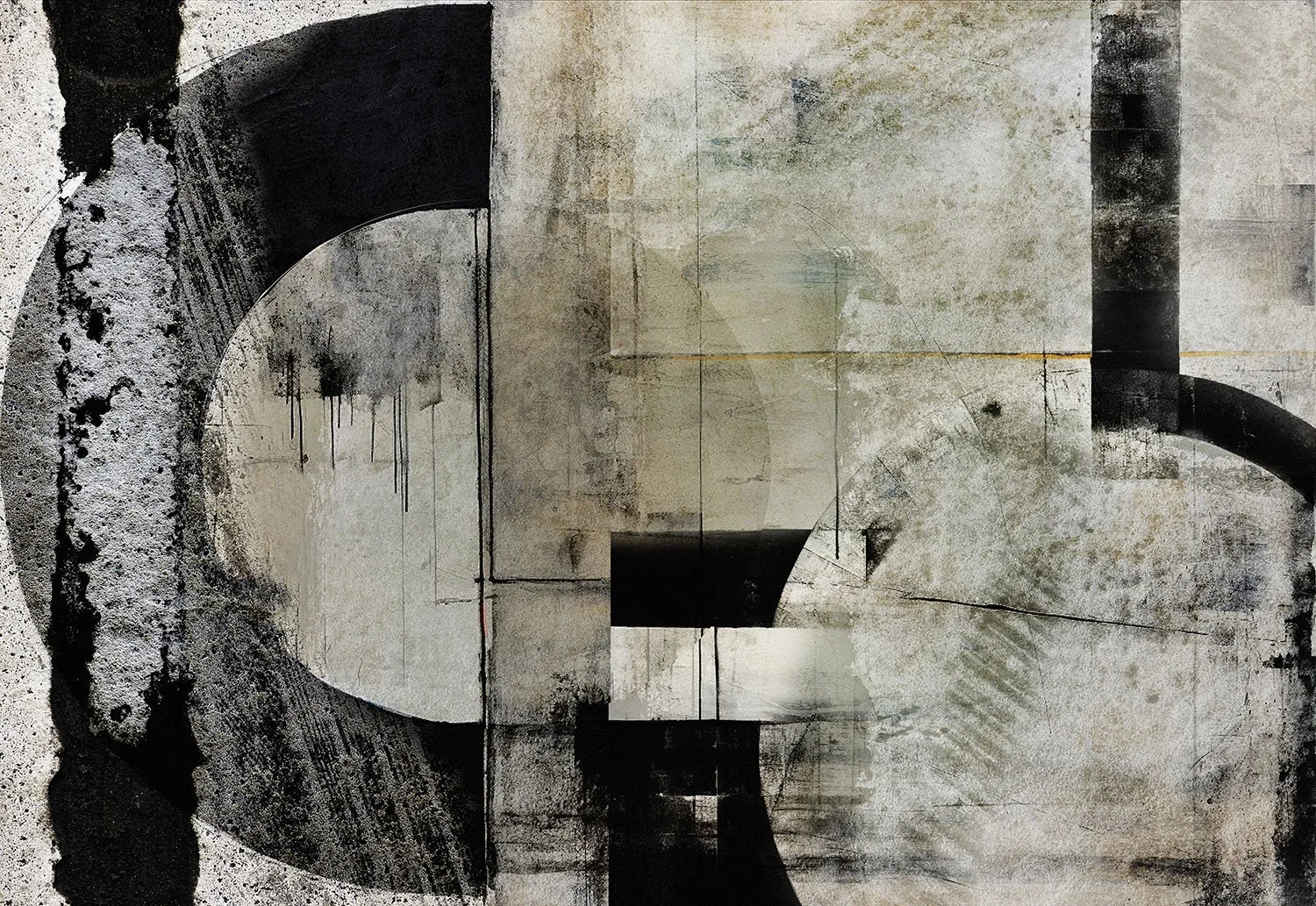 Abstract black and white artwork featuring geometric shapes, textured surfaces, and layered patterns.