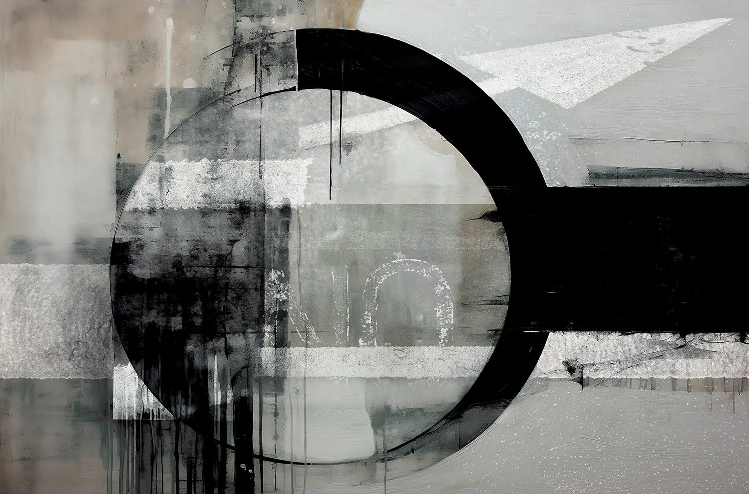 Abstract black and white painting with a large black circle and various textured horizontal and vertical brush strokes.