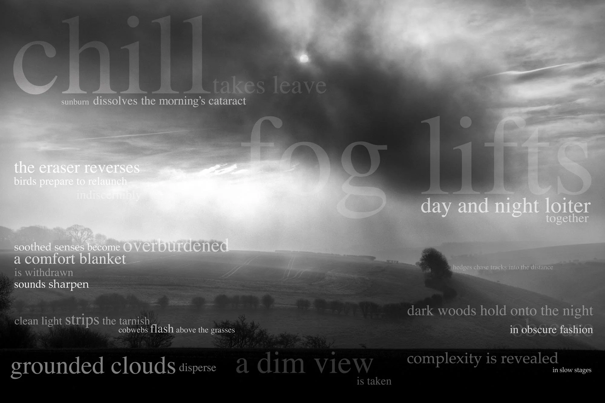 Black and white landscape photo of a cloudy sky with a small bright sun in the upper center. Below are fields with scattered trees and a distant farm. Overlaid on the image are various poetic lines and words in different font sizes, including "chill 