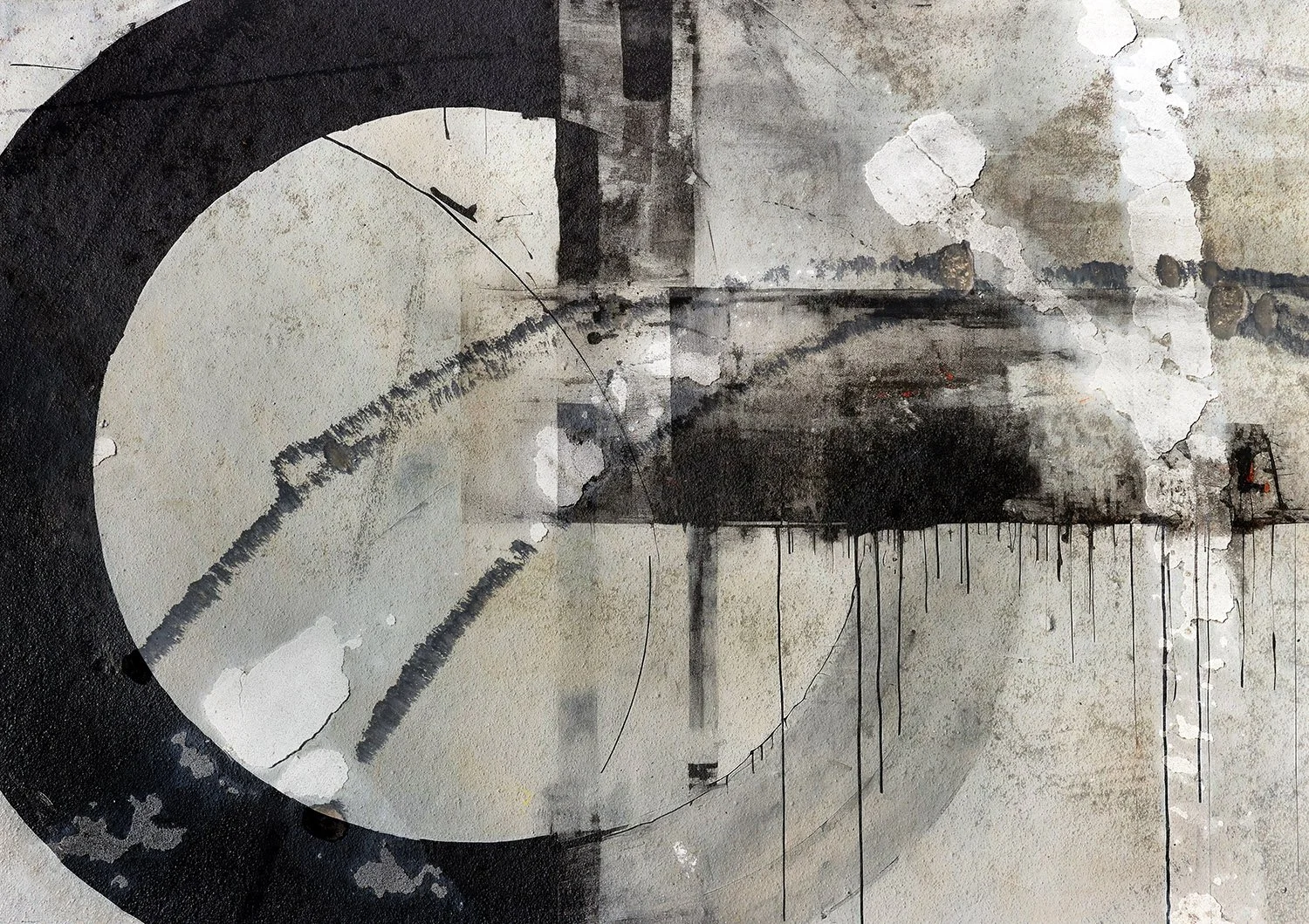 Abstract black and gray watercolor painting with splatters, drips, and textured areas on a beige background.