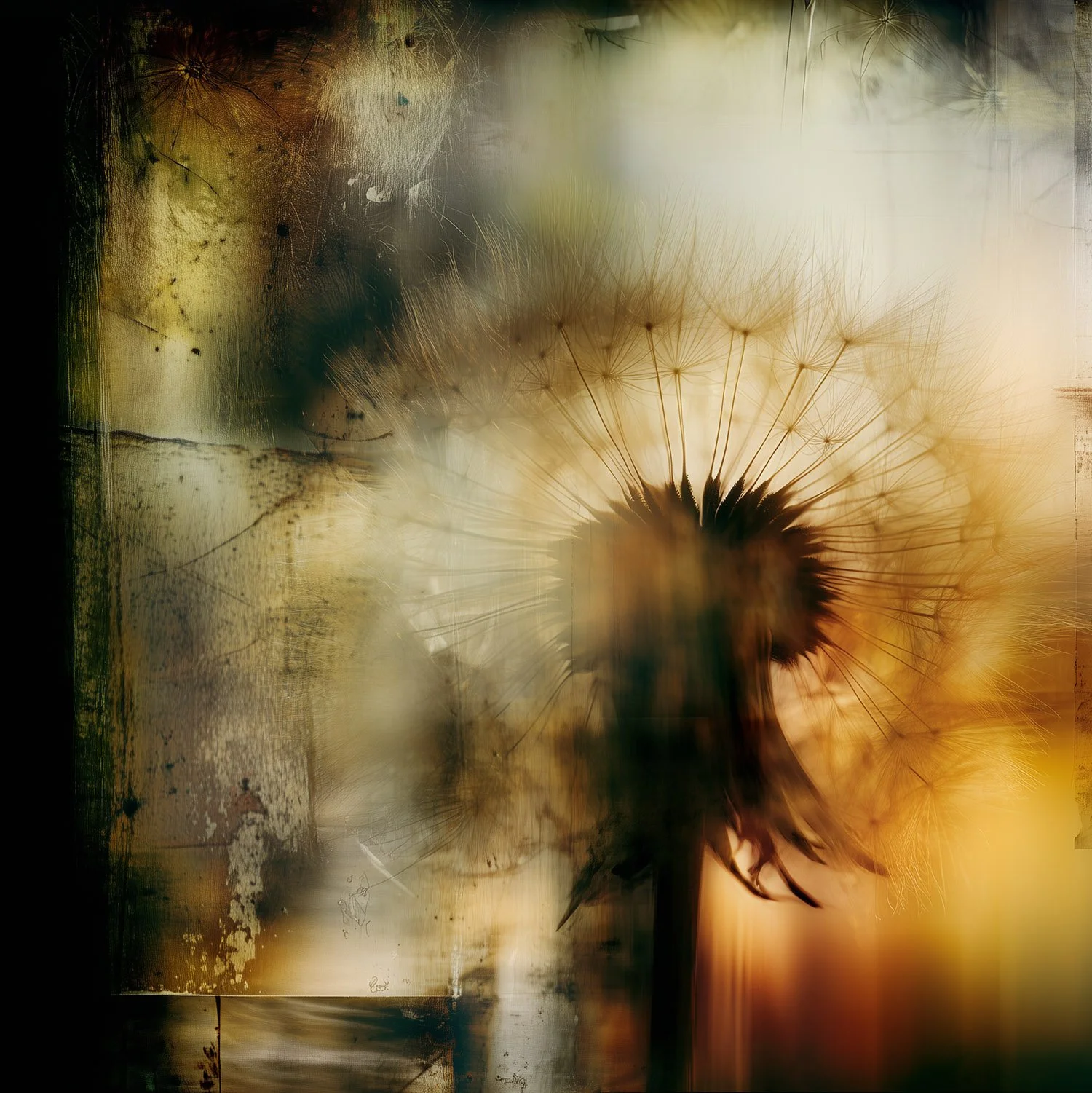 A close-up of a dandelion seed head silhouetted against a warm, glowing background with abstract textures and light.