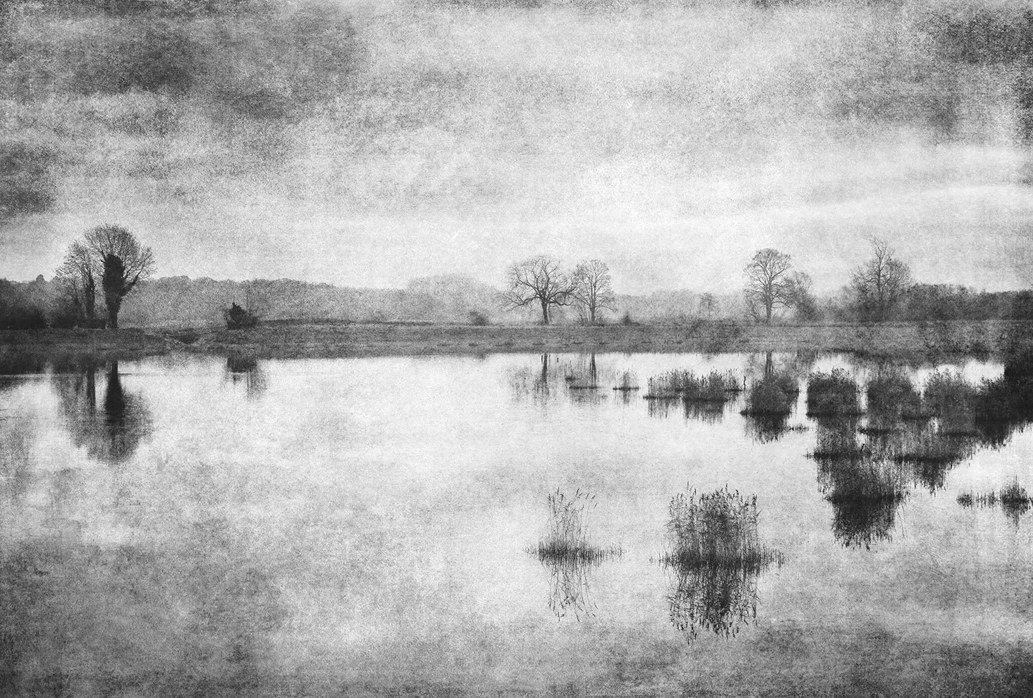 A black and white photograph of a calm lake with bare trees and distant hills reflected in the water, under a cloudy sky.