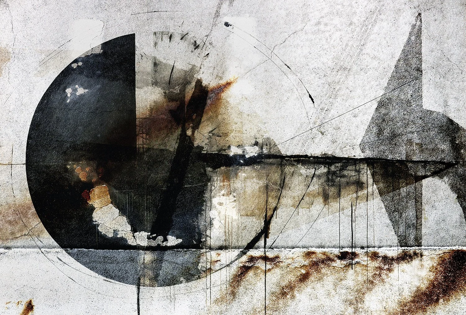 Abstract painting featuring geometric shapes, black and brown tones, and textured areas.