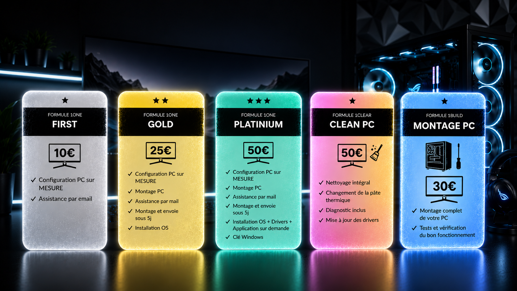 Offres de services de réparation informatique avec différents forfaits en couleurs, incluant configuration, montage, nettoyage, et vérification, avec prix en euros.
