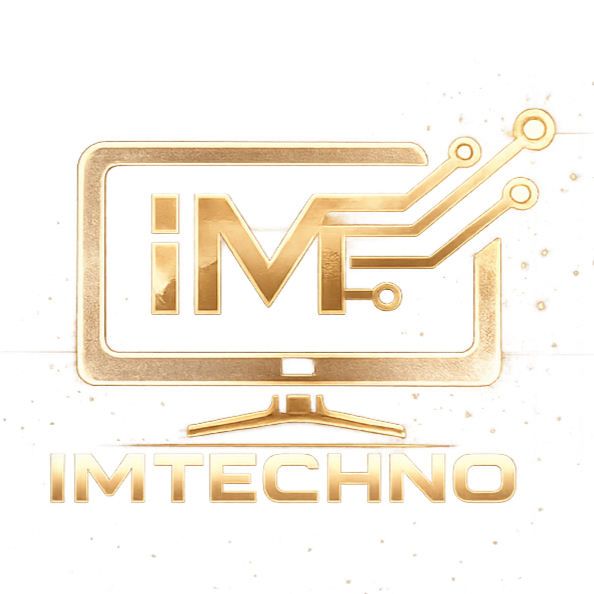 Logo doré de IMTECHNO avec un écran d'ordinateur stylisé et des lignes de circuit évoquant la technologie.