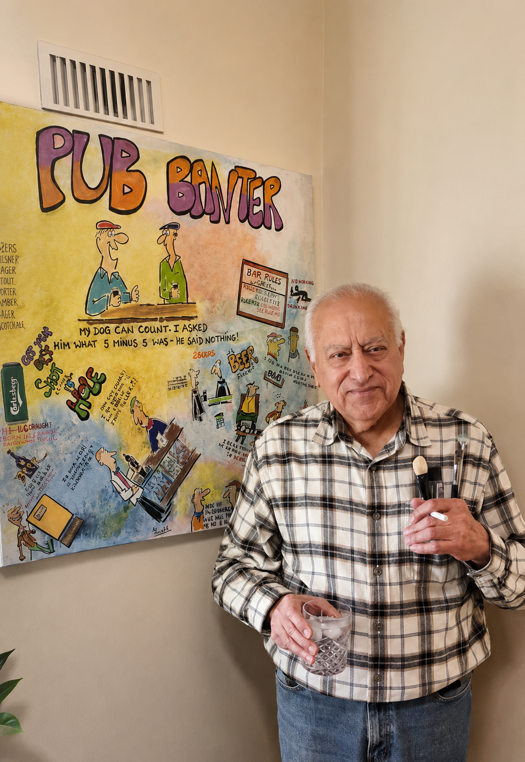 An elderly man in a plaid shirt holding a glass of water and a straw, standing next to a colorful cartoon-style poster about pub brawls on a beige wall.