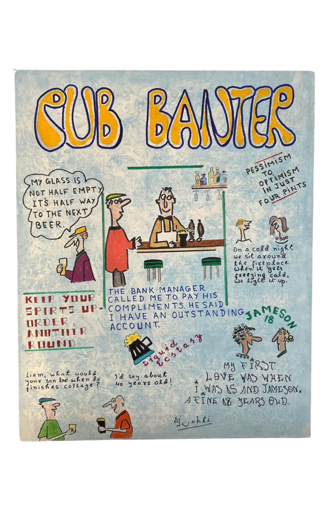 A humorous illustrated poster titled "Sub Banter" with various cartoon characters sharing jokes and comments about beer, relationships, and life. Includes a bar scene with people, speech bubbles, and handwritten notes.