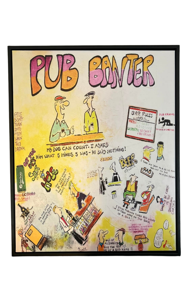 Cartoon depiction of pub rules, tips for bar and pub etiquette, humorous illustrations of patrons and staff, including a dog and people at tables, with colorful hand-drawn text and sketches.