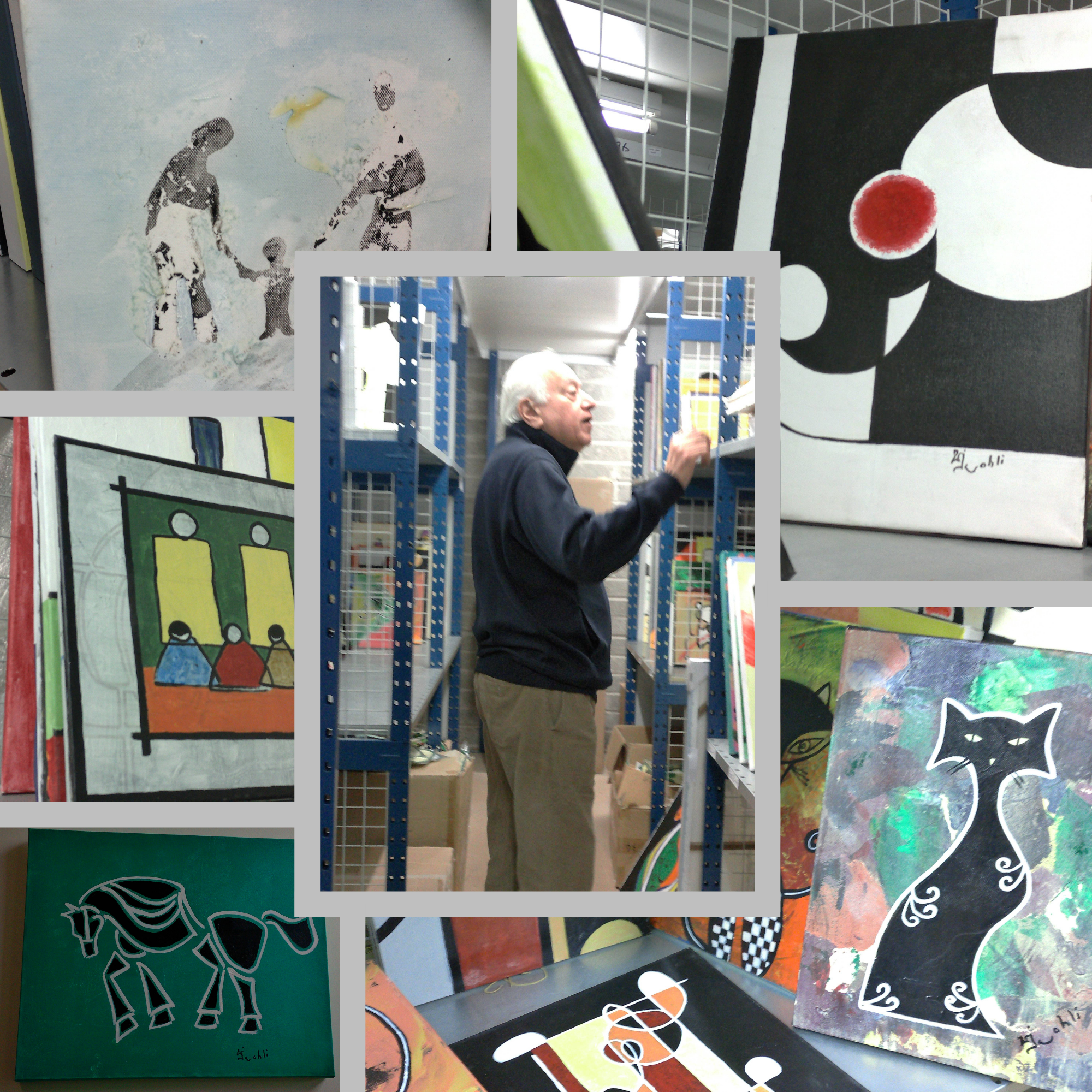 Various abstract and colorful paintings displayed on shelves in a store or gallery. The paintings include images of children, cartoon characters, and artistic designs, with some signed by the artist.