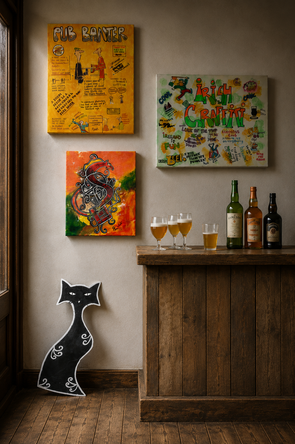 Decorative wall with colorful posters, a black and white cat cutout, a wooden bar, three glasses of beer, and three liquor bottles.