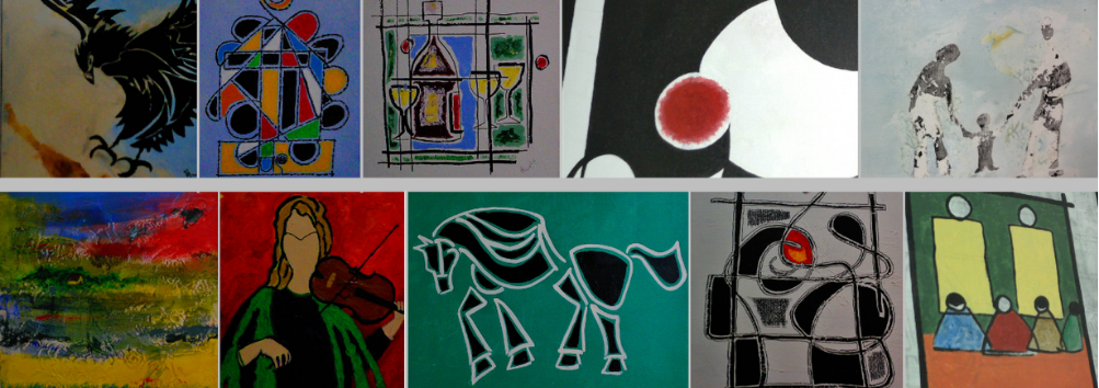 A collage of multiple abstract and figurative artwork pieces, including a black dragon, stained glass design, cityscape, black and white abstract, three children holding hands, a landscape, a woman playing a violin, a stylized horse, and various geometric and abstract paintings.