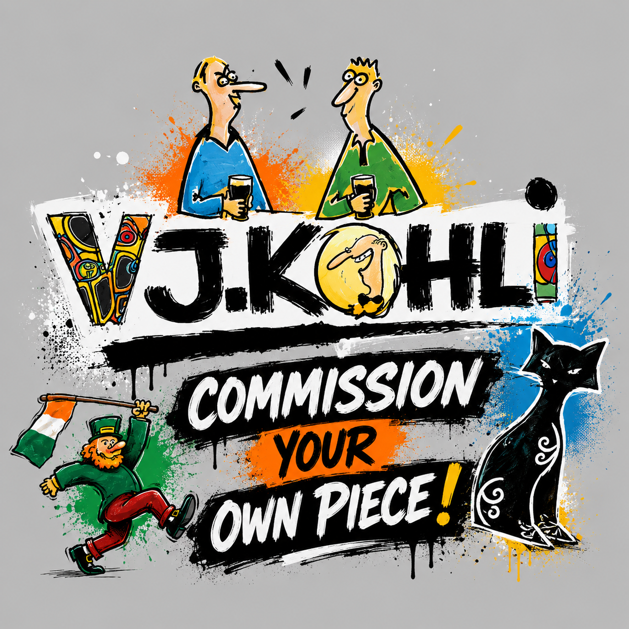 Colorful graffiti-style illustration promoting a voting or referendum process, featuring two men holding drinks, a black cat, a leprechaun, and bold text reading "V J Kh L Commission Your Own Piece!" with decorative elements.