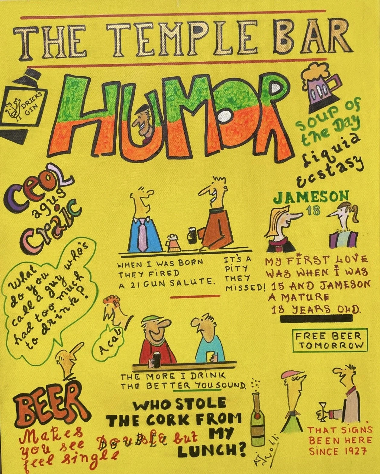 Colorful sign for The Templer Bar featuring the word "Humor" in large, colorful letters with cartoon illustrations of people drinking and socializing, and humorous captions about drinking and bar experiences.