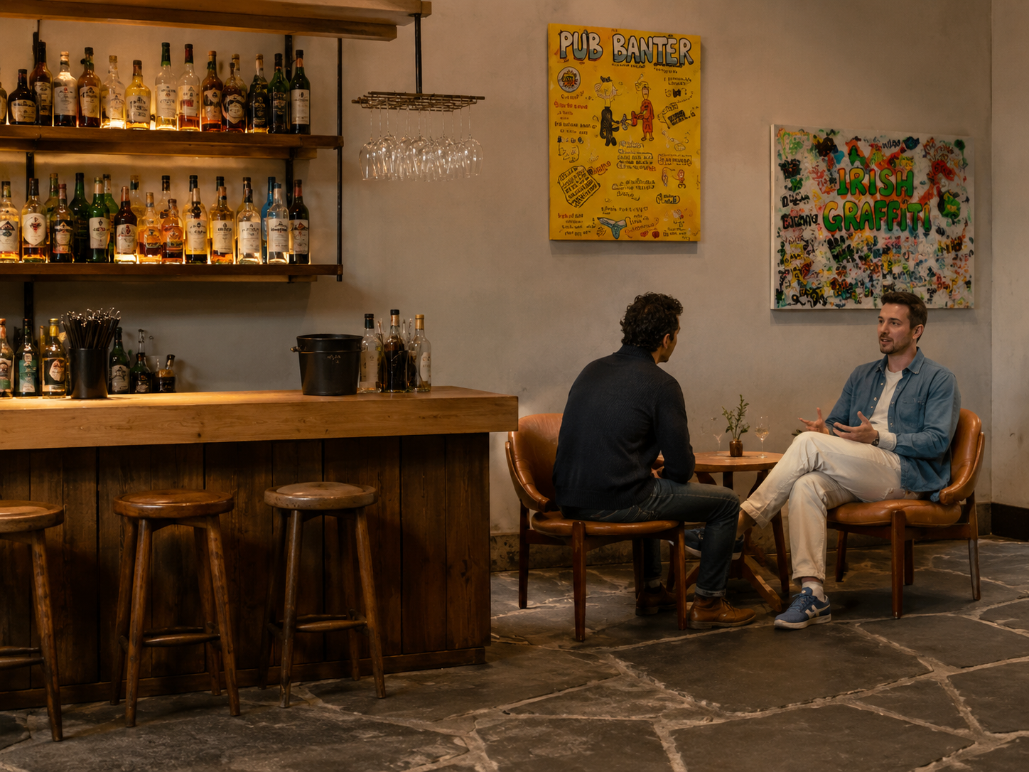 Two men having a conversation at a small round table in a bar. One man is wearing a dark jacket and jeans, the other is dressed in a light denim shirt and cream pants. Behind them, there are wall art pieces and a bar with bottles and glasses.