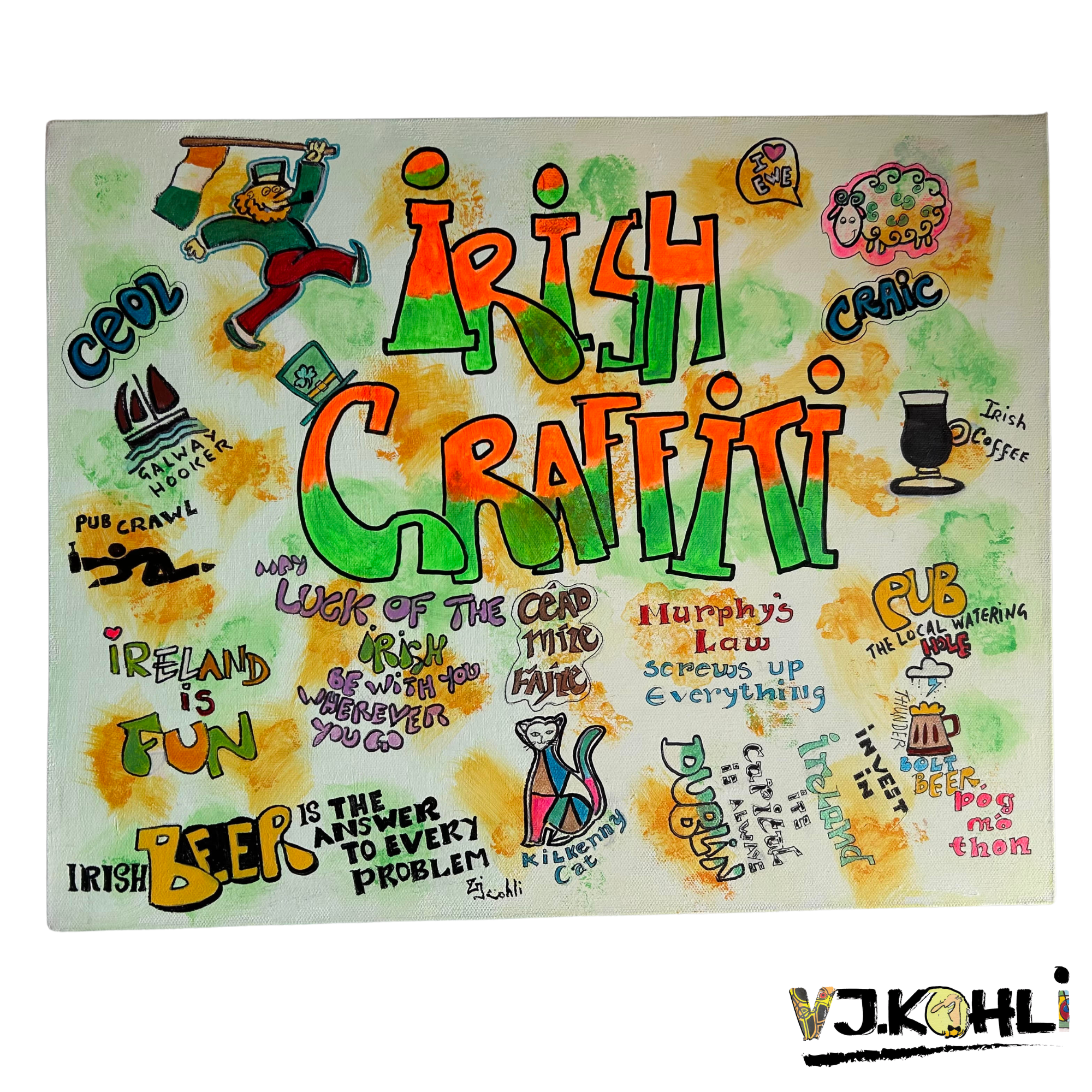 Colorful hand-drawn illustration with various words and phrases related to Ireland, such as "Ireland," "fun," "beer," "pub crawl," and "luck of the Irish". The artwork also features a cartoon leprechaun, a shamrock, a sheep, a pint of beer, and other Irish-themed imagery.