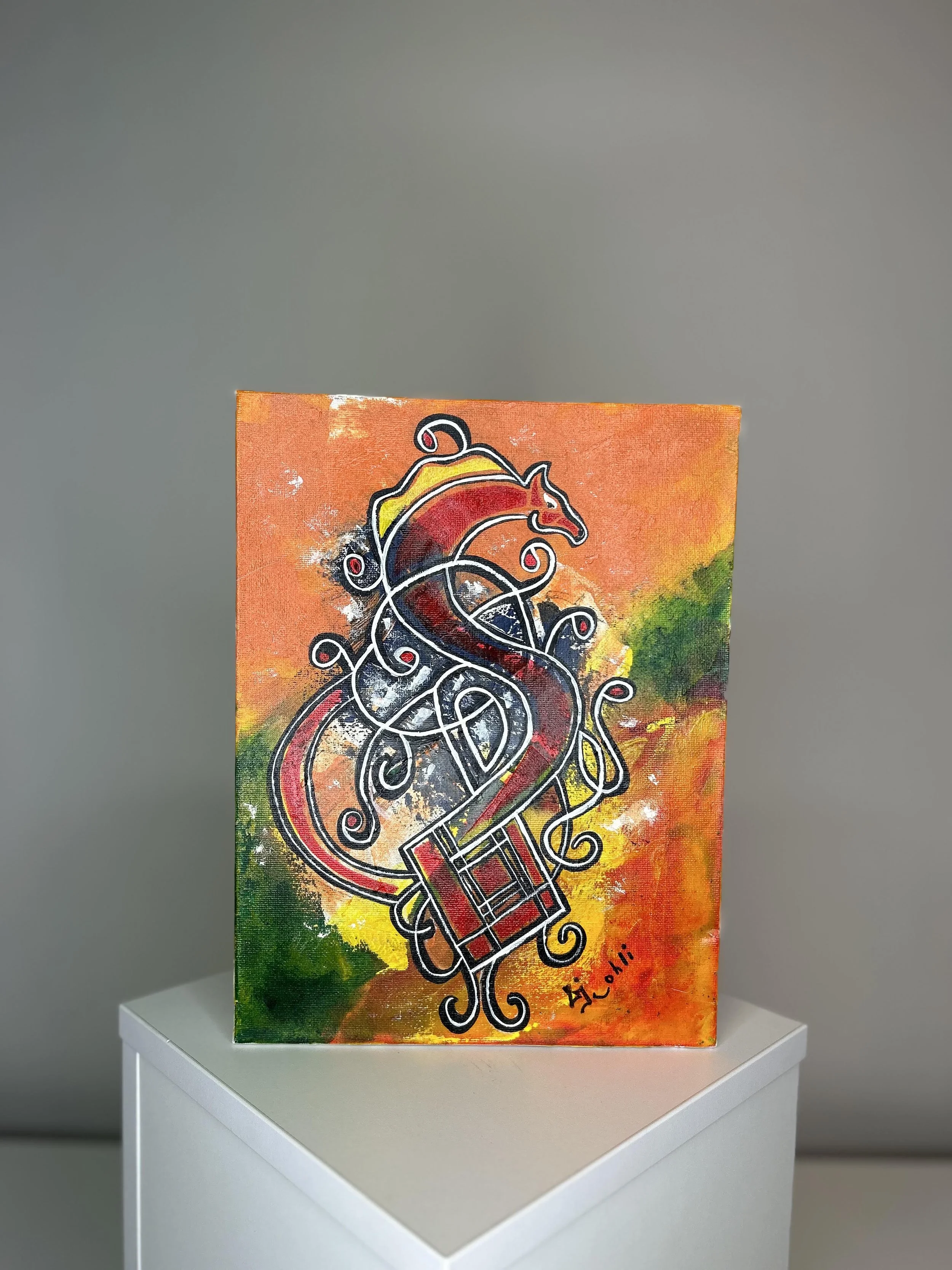 Colorful painting featuring a stylized fox with intricate swirls and lines, vibrant background with shades of orange, yellow, green, and black, signed by artist Ilohii.