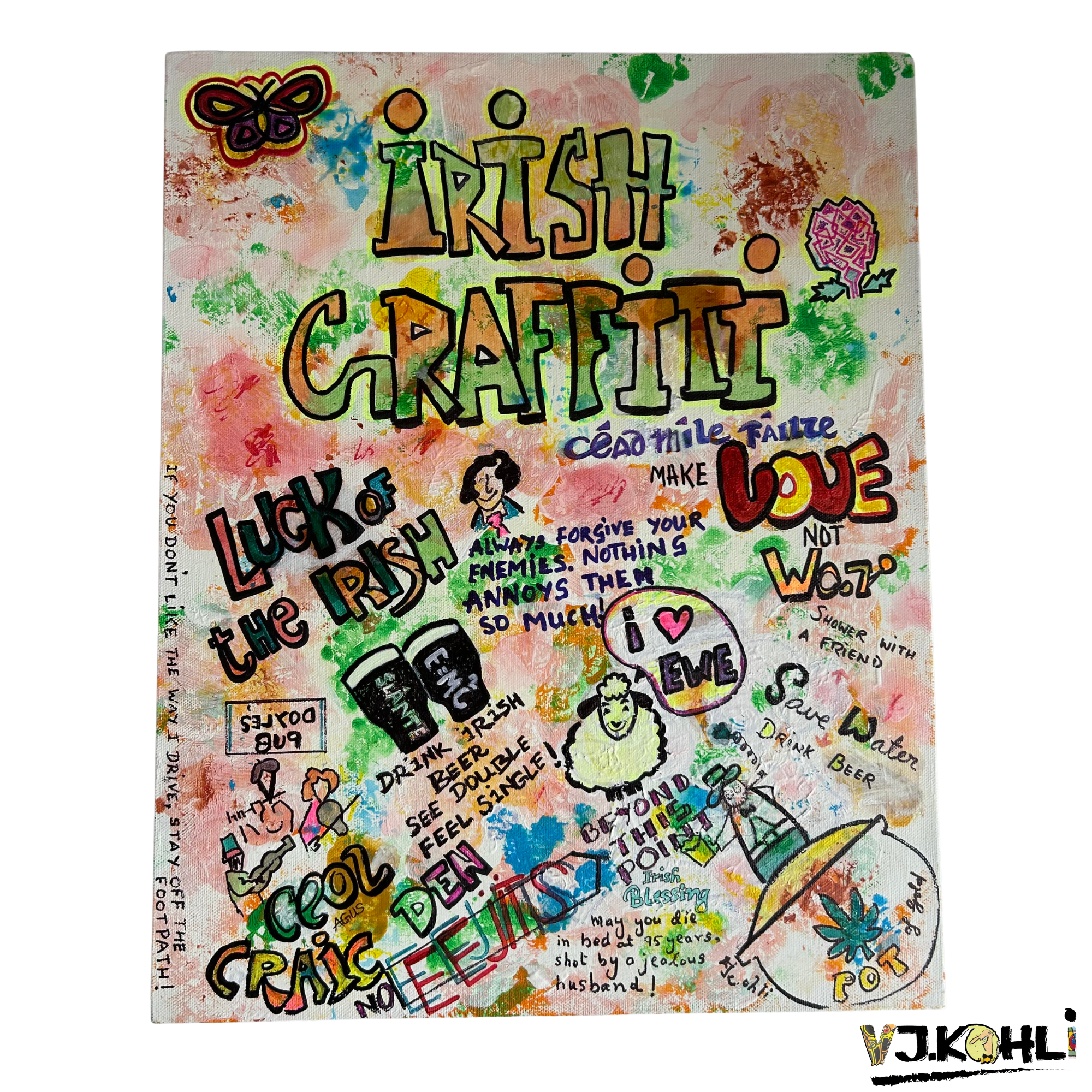 Colorful, hand-painted artwork with various words, phrases, and small illustrations, including butterflies, flowers, and a smiling face, centered around the phrase 'I RISH! CRAFT'.