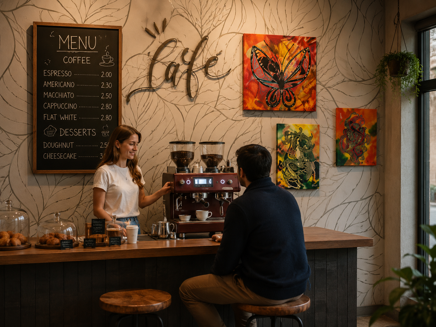 A woman barista making coffee at a cafe counter with a male customer seated on a stool. The cafe has a menu on the wall listing coffee and dessert options, colorful butterfly and dragon artwork, and a window with plant decor.