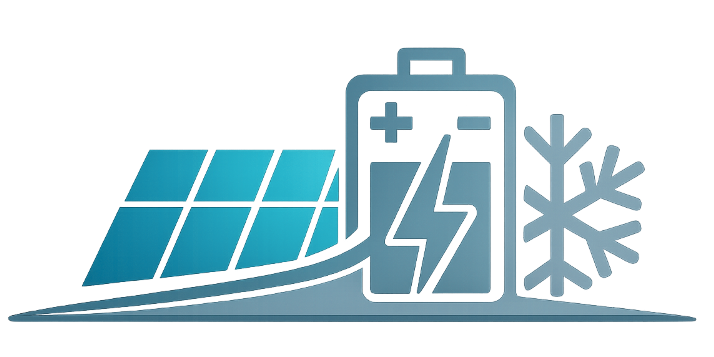 A 3D illustration of a solar panel, a battery, a lightning bolt, and a snowflake symbol, representing renewable energy, energy storage, and climate control.