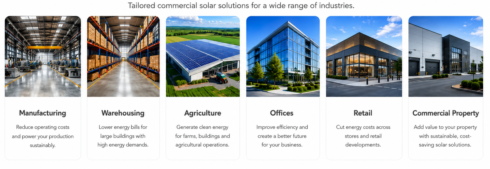 Six images showing different industrial and commercial buildings, including manufacturing facilities, warehouses, a solar-powered agricultural building, office buildings, retail stores, and commercial property, with descriptions emphasizing solar energy solutions.