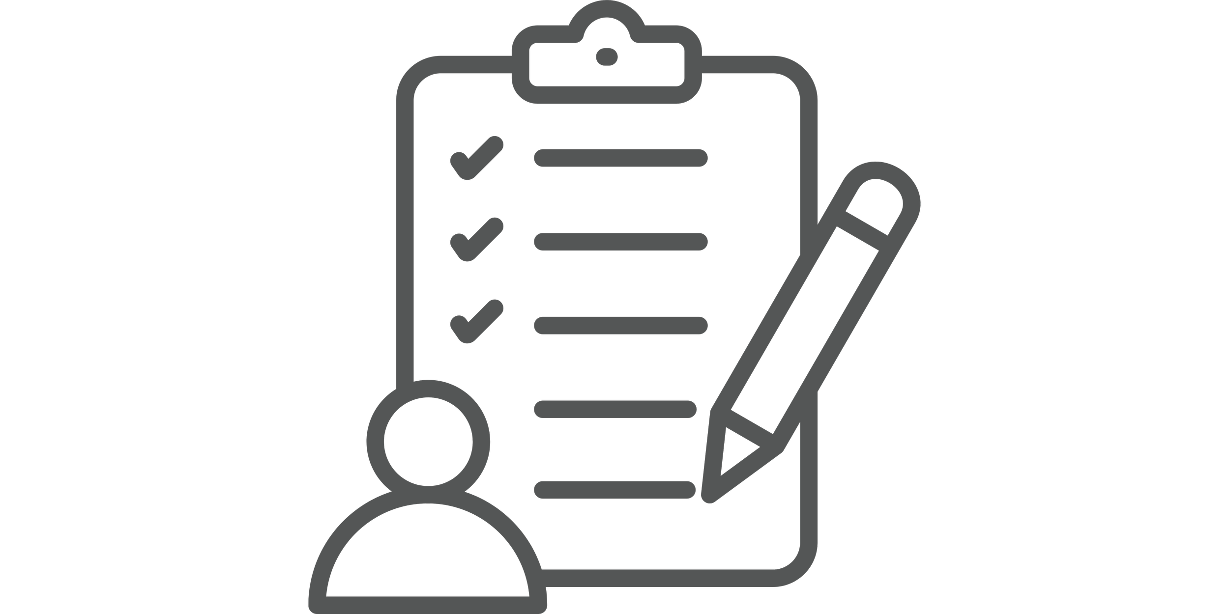 Outline drawing of a person with a clipboard showing a checklist and a pen.