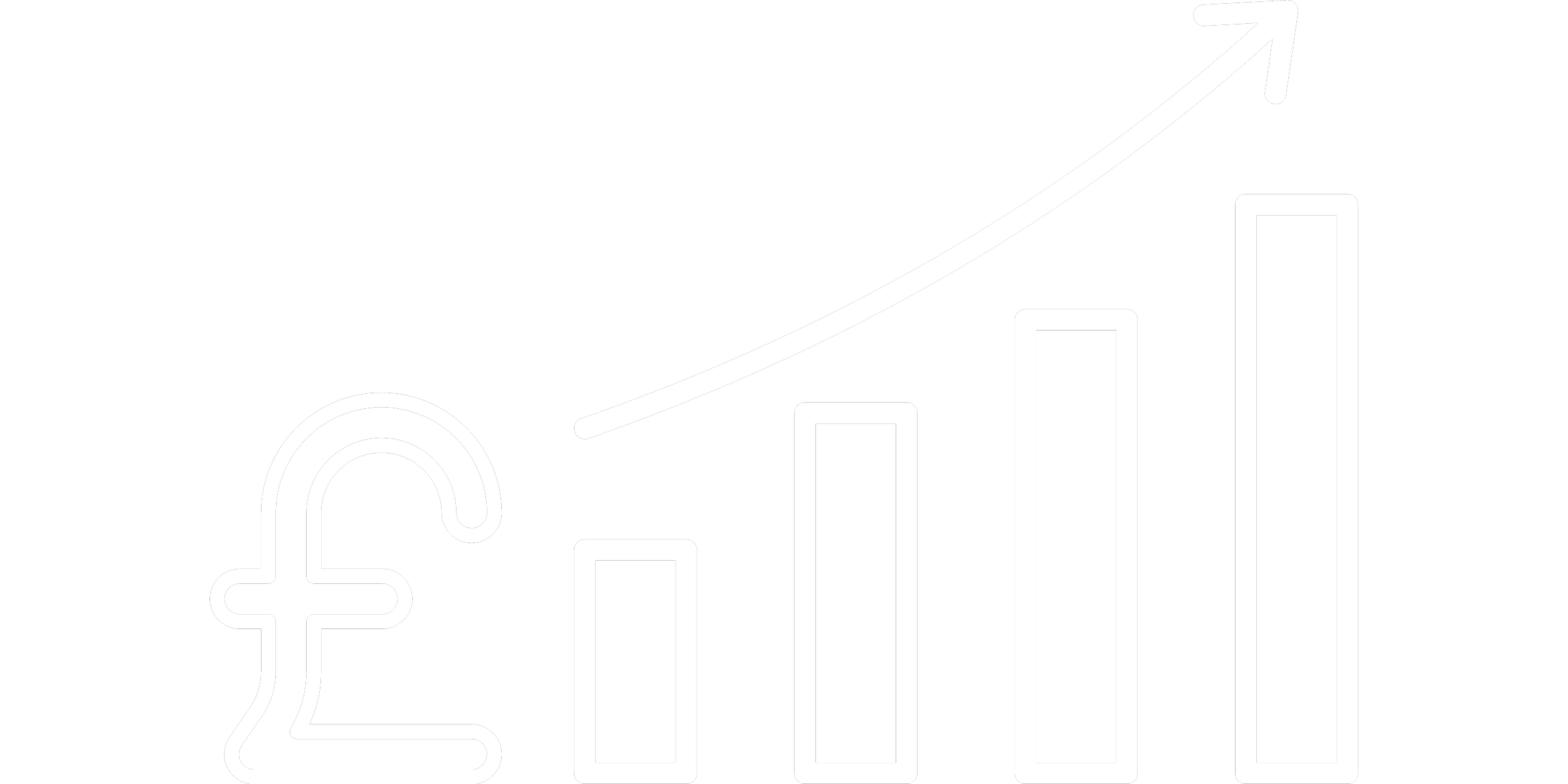 A black background with white outline of a dollar sign, a faucet, a line graph with an upward trend, and four bar charts of varying heights.